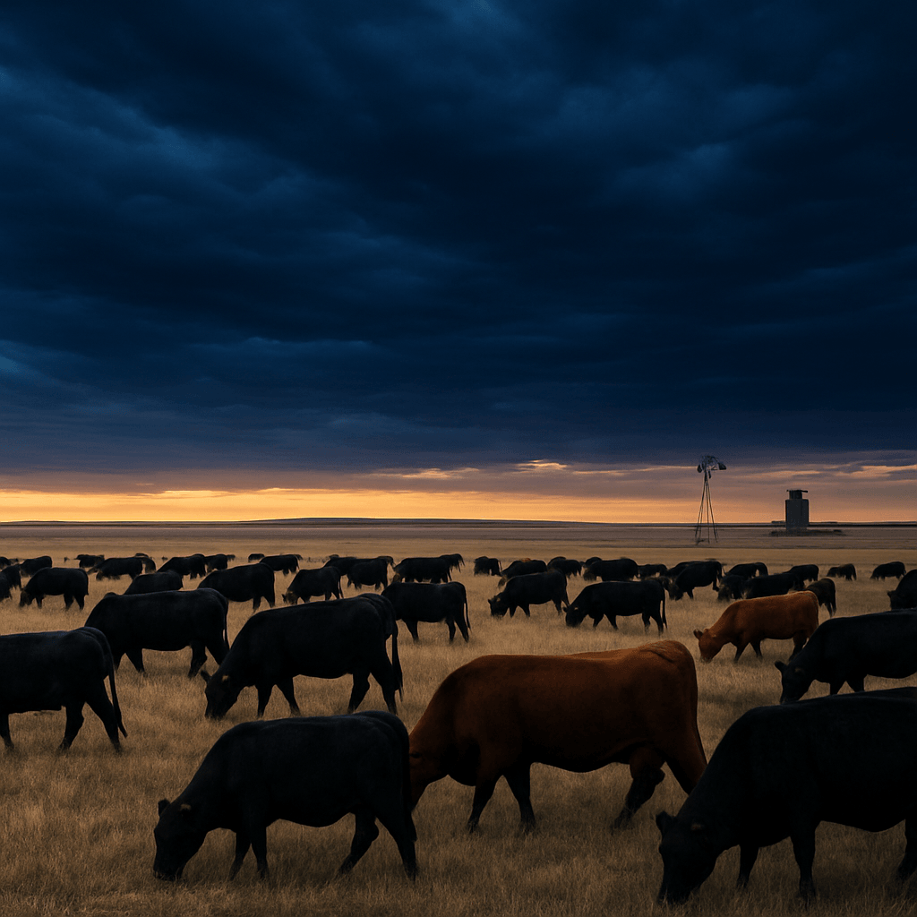 Cattle grazing on the open High Plains under a dramatic dusk sky